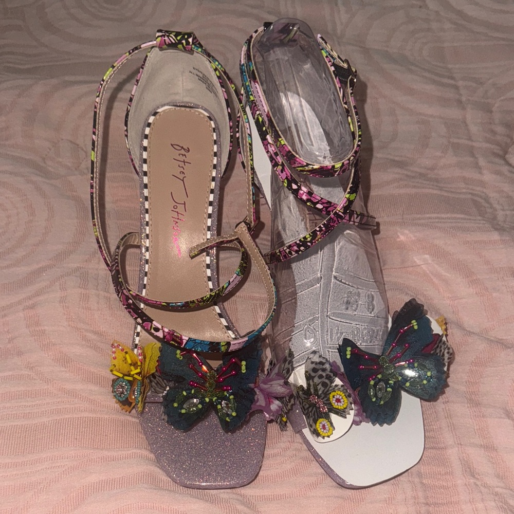 Betsey Johnson Pink Multicolor Butterfly Embellished Strappy Heels